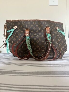 Louis Vuitton Upcycled Reworked Neverfull Monogram Tote with Turquoise Trim